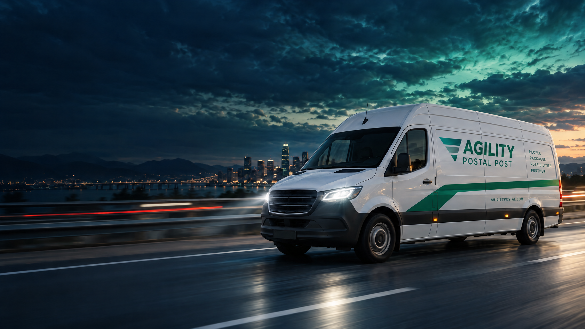 Agility Postal Post branded delivery van on the highway